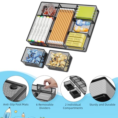 Marbrasse 3 Packs Desk Drawer Organizers, Metal Mesh Dividers Desk Drawer Organizer Tray with 9 Adjustable Compartments, Pen Organizer for Drawer Tray Box Accessories for Desktop,Kitchen, Makeup - color: Black Drawer Organizer
