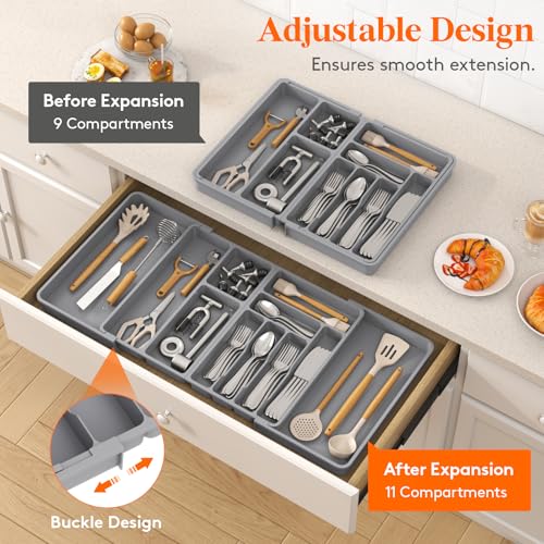Lifewit Utensil Organizer for Kitchen Drawer, Expandable Cooking Silverware Tray, Adjustable Cutlery Flatware Holder, Plastic Spatula Tools Storage Divider, 21.3- 36 x 16.9", Gray - color: Gray, size: XXXL (21.3-36“W × 16.9"D)