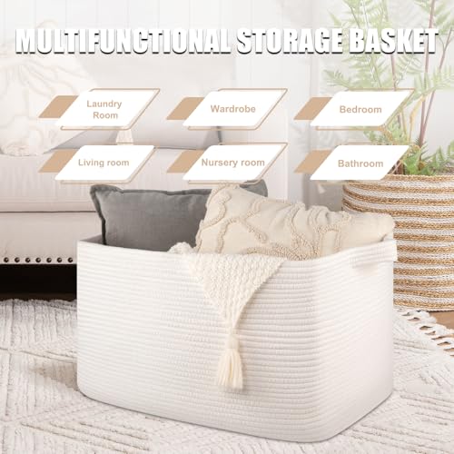 95L Cotton Rope Large Blanket Basket (24" x 16.9" x 14.2") for Living Room, Kids Room & Laundry, Storage Basket with Handle for Organizing Blankets, Pillows, Clothes & Toys, White - color: White, size: 24"x16.9"x14.2"