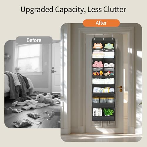 Yecaye Over the Door Shoe Organizer Hanging with Large Pockets, 8 Tier Back of Door Storage for Nursery, Closet and Bathroom, Partition Behind Door Organizers Shelf with Baby Clothes (1 Pack, Black) - color: Black