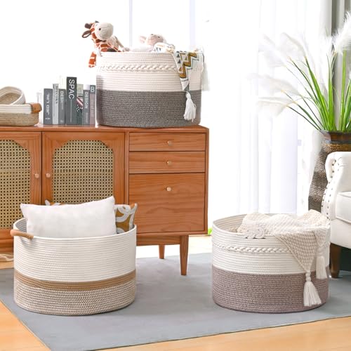 67L Large Blanket Basket, 20"x13" Woven Storage Baskets With Handle, Cotton Rope Blanket Basket Living Room, Baby Laundry hamper for Blanket, Nursery, Toy, Pillow (White & Grey) - color: White & Grey, size: 67L