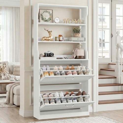 IRONCK Tall Shoe Cabinet with 2 Flip Drawers, Narrow Hidden Shoe Storage Cabinet with Shelves, Slim Freestanding Shoe Organizer for Entryway, Hallway, White - color: White
