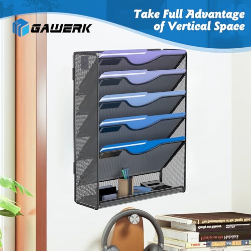 Gawerk 6 Tier Hanging File Organizer, Mesh Wall File Holder Paper Folder Rack with Bottom Flat Tray for Office Home, Black - color: Black, size: 6-T