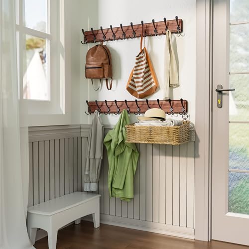 SKOLOO Rustic Large Coat Rack Wall Mount-38.6'' Long Coat Rack for Wall, Wood Coat Rack Hook, Farmhouse Coat Hanger Wall Mount for Hanging Jacket Coat - color: Brown Plate & Black Hook, size: 1 Item-10 Hooks