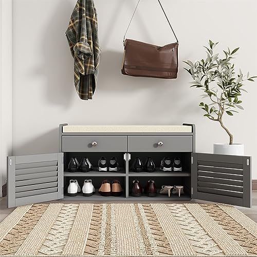 WARMHONIU Shoe Storage Bench with 2 Drawers, Entryway Bench with Cushion, Adjustable Shelves, Shoe Rack Bench with Louvered Doors for Entryway, Bedroom, Hallway, White - color: Grey, style: 2 Drawers Storage