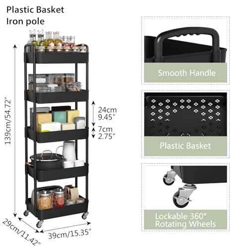 Sywhitta 5-Tier Plastic Rolling Utility Cart with Handle, Multi-Functional Storage Trolley for Office, Living Room, Kitchen, Movable Storage Organizer with Wheels, Black - color: Black, size: 5-tier
