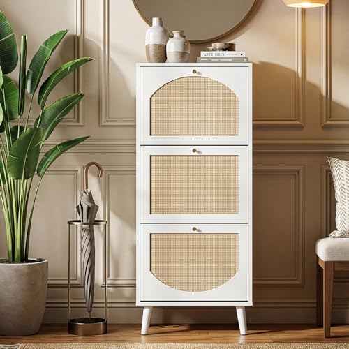 Karl home Shoe Rack Storage Organizer, Rattan-Panel 3-Tilt-Out Shoe Storage Cabinet, Hidden Shoe Storage for Entryway,Ideal for Heels,Slippers,Casual Shoes, White - color: White, size: 3-Tilt-Out