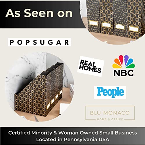 BLU MONACO | Set of 4 Black & Gold Geometric Magazine File Holders with Gold Label Holders | Stylish Vertical File Organizer Boxes for Desk, Bookshelf & Office Storage - color: Dark Grey and Gold