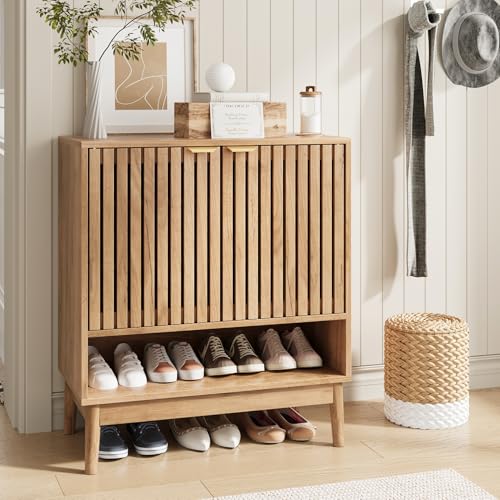 Kiasthome Shoe Storage Cabinet with Adjustable Shelves, Wooden Shoe Organizer, Shoes Rack for Entryway, Hallway, Living Room (Natural Wood, 27.56" W) - color: Natural Wood, size: 27.56" W