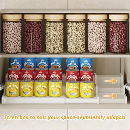 Expandable Bamboo Can Rack Organizer for Pantry, 3-Tier Adjustable Can Storage for Kitchen Cabinets, Soda & Canned Goods Holder for Pantry Organization, Holds Up to 24 Cans, White (Patent Pending) - color: White