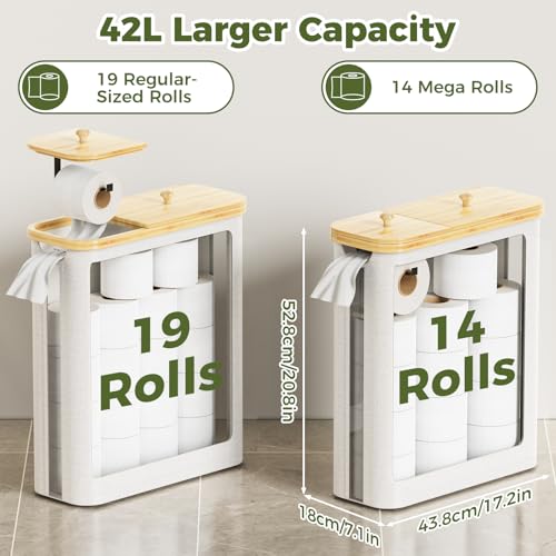 42L Toilet Paper Basket with Bamboo Lid, Toilet Paper Storage with Toilet Paper Holder & Non-Slip Mat for Bathroom Organizer, Holds up to 19 Regular Rolls or 14 Mega Rolls, Collapsible & Stackable - color: Linen