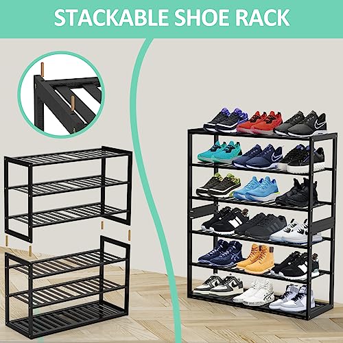 Jripae Bamboo Shoe Rack for Entryway, Stackable 3 Tier Shoe Organizer Shelf Storage 9-12 Pairs Shoes Stand Cubby for Closet Door Hallway Bedroom Garage Black, Thanksgiving - size: 3-tier-short/27.5*10.5*17in