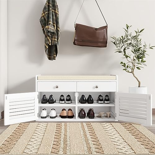 WARMHONIU Shoe Storage Bench with 2 Drawers, Entryway Bench with Cushion, Adjustable Shelves, Shoe Rack Bench with Louvered Doors for Entryway, Bedroom, Hallway, White - color: White, style: 2 Drawers Storage
