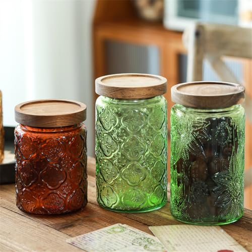 Set of 2 Vintage Glass Storage Containers, Green Glass Jars with Solid Wood Lids, 34 FL OZ Decorative Jars for Kitchen Storage Cabinets for Coffee, Jam, Nuts, Pasta, Cookie (Green Sunflower) - color: Green 2, size: 34 Ounces