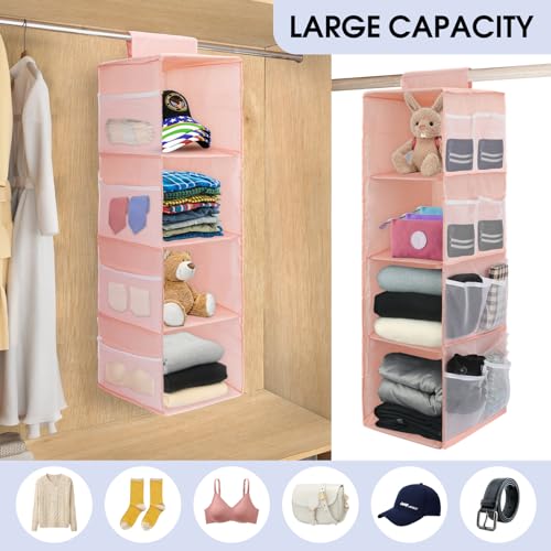 PetsHome 4-Shelf Hanging Closet Organizer, Space Saver, Closet Hanging Storage Shelves with Mesh Pockets & Magic Tap for Storage, Foldable-Pink - color: Pink, size: 4 Shelf