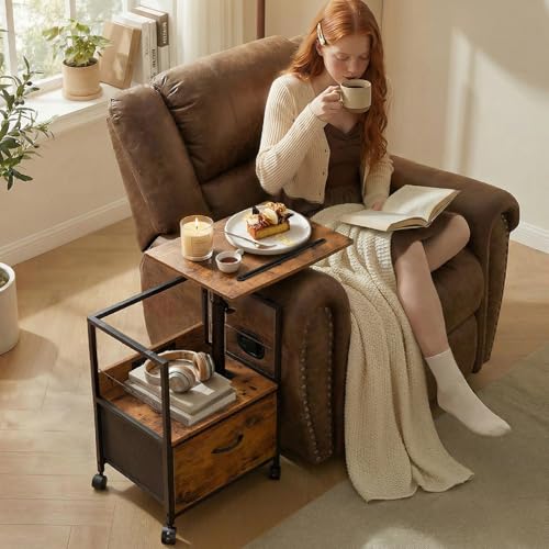 Faesun Swivel Lift Top Nightstand with Charging Station, Rolling Side Table for Recliner, Bedside Table with Wheels & a Fabric Drawer, for Small Spaces, for Bedroom, Living Room, Brown - color: Brown, size: 1 Drawer