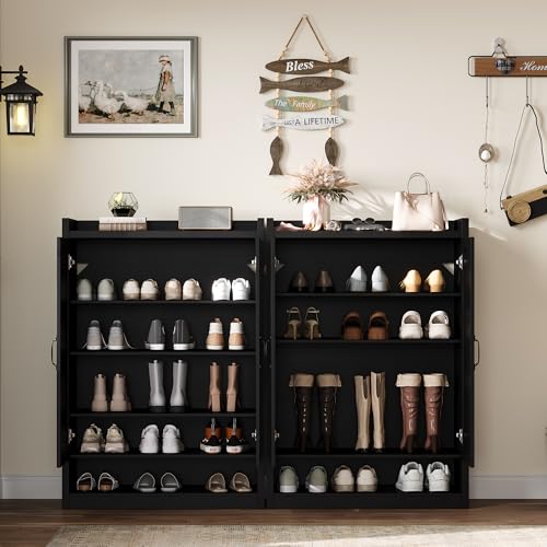 BINGTOO 45" Tall Farmhouse Shoe Storage Cabinet with Doors, Large Shoe Organizer with 4 Adjustable Shelves, Extra Deep Wooden Shoe Rack for Entryway, Foyer, Hallway (Black, 2 Cabinets) - color: Black, size: 2 Cabinets