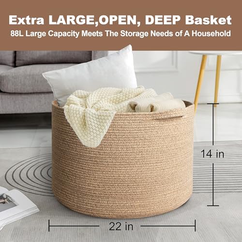 MEGASKET Large Wicker Storage Basket, 22” X 22” X 14” Woven Cotton Rope Basket, Kids Dog Toy Bin Organizer, Blanket Pillow Holder for Living Room, Brown Variegated Wicker Baskets for Organizing - color: Brown Variegated, size: 22"x22"x14"