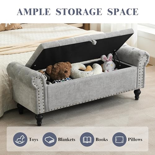 51" Storage Ottoman Bench, End of Bed Bench for Bedroom, Window Benches for Foot of Bed, Chenille Upholstered Benches, Storage Ottomans for Living Room, Entryway, Light Gray - color: Lightgray