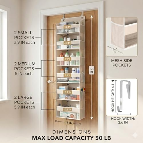 HOMELUX THEORY UPGRADED 6 Tiers Over The Door Organizer Hanging - 100D EXTRA THICK & 50lbs HUGE CAPACITY, 12 Side Mesh Pockets Over The Door Shoe Organizer, Hanging Closet Organizer (Ivory, 2pc) - color: 1. Ivory, size: Standard 2 sets