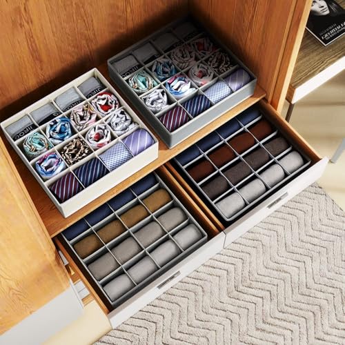 Joyoldelf Sock Drawer Organizer Divider Underwear Organizer 16-cell Fabric Dresser Drawer Organizers Storage Boxes for Socks Lingerie, Handkerchiefs, Ties 4 Pack (Grey) - color: Grey, size: 4*16 cells