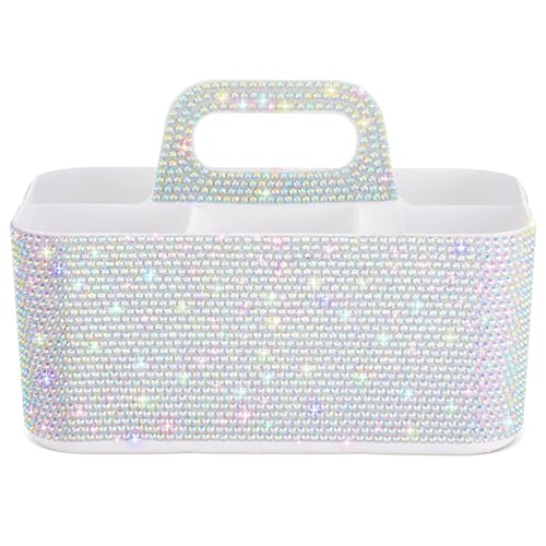 Marspark Bling Makeup Caddy Organizer with Handle, Sparkly Art Craft Holder, Glitter Bathroom Hair Caddy, Shimmer Pen Pencil Holder for Women Desk Organizer, Bling Gifts for Women(White,AB Diamond) - color: White, style: AB Diamond