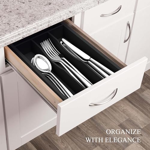 Small Silverware Organizer, Bamboo Kitchen Drawer Organizer, Utensil Holder, Cutlery Tray & Spoon Flatware Storage with Grooved Drawer Dividers (Black, 6.7''W x 12''D) - color: Black, size: 6.7''W x 12''D
