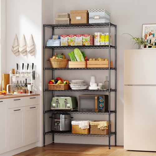 BestOffice | 6-Tier Wire Storage Shelves with Wheels | 18x45x82 | Black | Adjustable Racks | Heavy-Duty Metal Shelf, Holds Upto 2100 lbs | No-Tool Assembly | Ideal for Home & Garage Shelving - color: Black, size: 45"W x 18"D x 82"H
