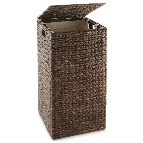 Casafield Laundry Hamper with Lid and Removable Liner Bag - Espresso Dark Brown, Woven Water Hyacinth Square Laundry Basket Sorter for Clothes, Towels - color: Espresso