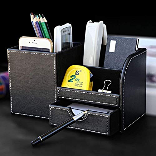 KINGFOM Desk Organizer Office Supplies Caddy Pu Leather Multi-function Storage Box Pen/Pencil,Cell phone, Business Name Cards Remote Control Holder with Small Drawer Black - color: Black