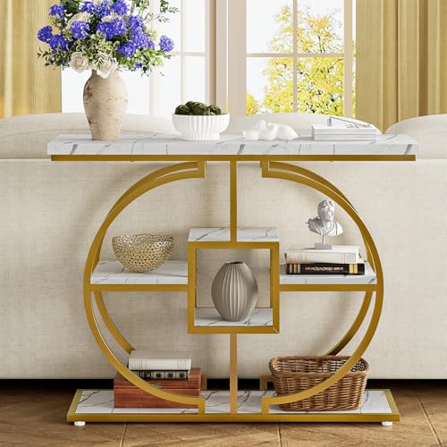 GiftGo Narrow Console Table for Entryway Industrial 4-Tier Sofa Table Behind Couch with Circle Base Rustic Wooden Accent Tables with Storage Shelves for Living Room, Hallway, Foyer (Gold and White) - color: Gold and White