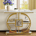 GiftGo Narrow Console Table for Entryway Industrial 4-Tier Sofa Table Behind Couch with Circle Base Rustic Wooden Accent Tables with Storage Shelves for Living Room, Hallway, Foyer (Gold and White) - color: Gold and White