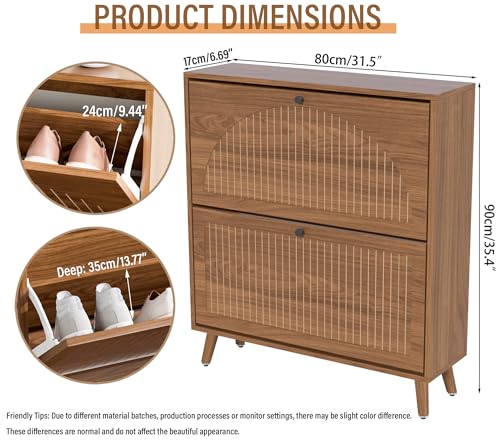 Fsbecl Shoe Storage Cabinet for Entryway with 2 Flip Drawers, Narrow Wood Shoe Cabinet with Fluted Panel, Freestanding Hidden Shoe Organizer for Foyer, Hallway (Walnut - No Shelf) - color: Walnut - No Shelf