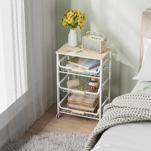 NiuYichee 4-Layer Fruit Basket Kitchen Food Storage Organizer and Storage Rack, Stackable Storage cart with Desktop, Pull-Out Hollow Metal Storage Basket, liding Out Storage,White - color: White 4-layer Rack