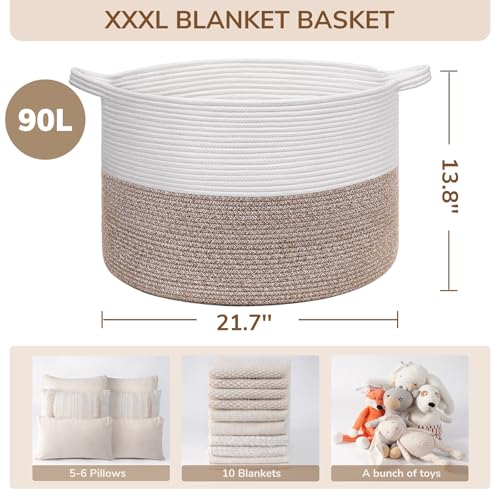 INDRESSME XXXLarge Blanket Basket for Living Room 21.7" x 21.7" x 13.8"-Storage Basket with Handle for Organizing Toy Pillows Woven Cotton Rope Laundry Basket Stuffed Animal Toy Storage for Play Room - color: White & Brown, size: 21.7"D x 13.8"H