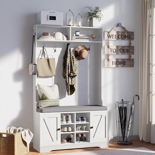 71" Hall Tree with Bench and Shoe Storage, Entryway Hall Tree with 2 Doors and 6 Adjustable Shelves, Cushioned Storage Bench with Coat Rack for Hallway, Living Room, Mudroom - color: White