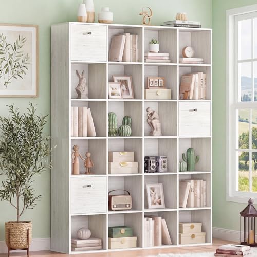 Large 24 Cube Storage Bookshelf, Washed White Wood Bookcase with 3 Fabric Drawers, 47” Wide Freestanding Cuby Organizer Shelf for Living Room Bedroom, Office, Display Rack Bookshelves Book Case - color: Washed White, size: 24 Cube