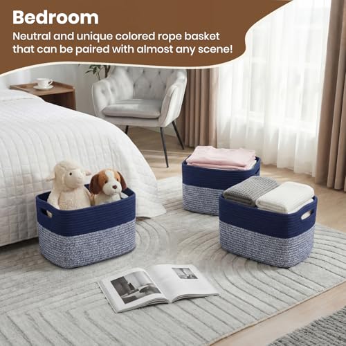Storage Baskets for Organizing, 14 x 10 x 9” Closet Shelf Woven Baskets, Square Bins with Handles, Cotton Rope Basket for Toys, Clothes, Office, Room, Grey+Blue 1 Pack - color: Grey+Blue, size: 1pc