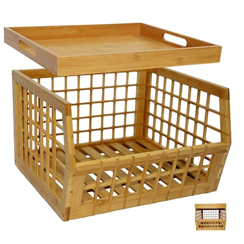 Bamboo Storage Bin - Multipurpose, Stackable Open Front Storage Bin with Bamboo Serving Tray Lid for Kitchen & Pantry - Stylish Lattice Design