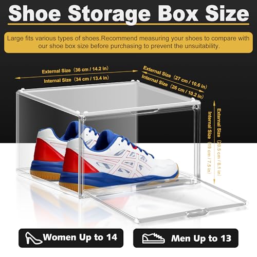 12 Pack Plastic Shoe Storage Boxes Fit US Size 13, Clear Stackable Shoe Display Case with Acrylic Magnetic Side Door, Shoe Containers for Sneaker Storage, Hats, Figure, Collectible - color: Clear, size: M-Large Size 13