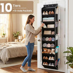 10-Tier Over The Door Organizer with 4 Anti-Scratch Silicone Hooks & 10 Side Pockets, Hanging Shoe Organizer for Closet (15-20 Pairs), Behind the Door Storage for Toys, Household Essentials