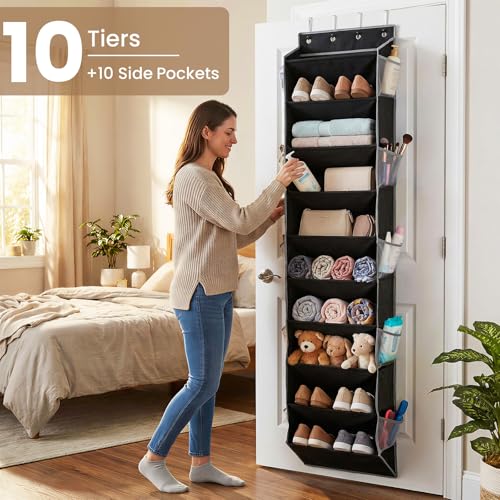 10-Tier Over The Door Organizer with 4 Anti-Scratch Silicone Hooks & 10 Side Pockets, Hanging Shoe Organizer for Closet (15-20 Pairs), Behind the Door Storage for Toys, Household Essentials