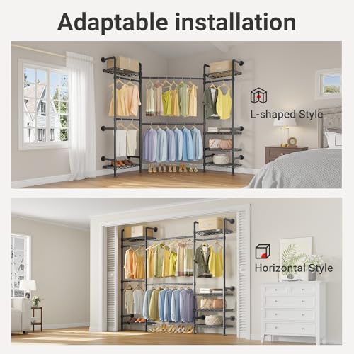 Timate F3 Medium Wall Mounted Clothes rack Expandable Closet, Industrial Pipe Clothing Rack for Hanging Clothes, Heavy Duty Clothes Rack with Shelves, Garment Rack Wall Closet System Black Pipe Closet - color: Black, size: F3 Medium
