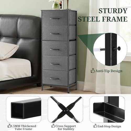 Nightstand, 5 Drawer Dresser End Table Bedside Furniture with Wooden Top Steel Frame Fabric Bins for Bedroom, Closet, Entryway, Dorm, Living Room, Gray - color: Grey, size: 11.8"D x 15.8"W x 47.8"H (5 Drawers)