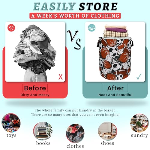 Funny Football Basketball Laundry Basket Foldable With Handles Tote Bag Oxford Cloth Colorful Laundry Hamper Clothes Storage Bucket Toy Organizer For Bathroom/Laundry/Bedroom 18.9" x 16.5 " - color: Hand Drawn Football and Basketball