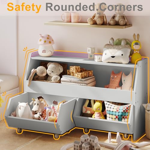 Fulhope Toy Storage Organizer for Kids, Toy Storage Cabinet with Drawers, Boys and Girls Toy Shelf with Wheels, Toy Organizer Kids Bookshelf with Storage for Nursery, Playroom, Bedroom (Light Grey) - color: Light Grey