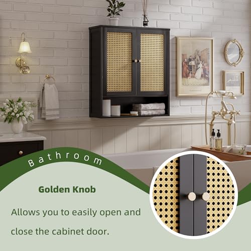 Bathroom Wall Cabinet, Bamboo Over-The-Toilet Storage Organizer with 2 Rattan Doors and Adjustable Shelf, Space Saver Medicine Cabinet for Laundry, Kitchen, Living Room (Black) - color: Black