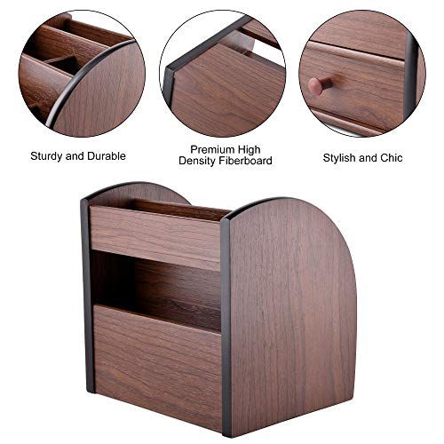 Siveit Wooden Desktop Organizer with Drawer, Multifunctional Office Supply Storage - Remote Control Caddy Holder