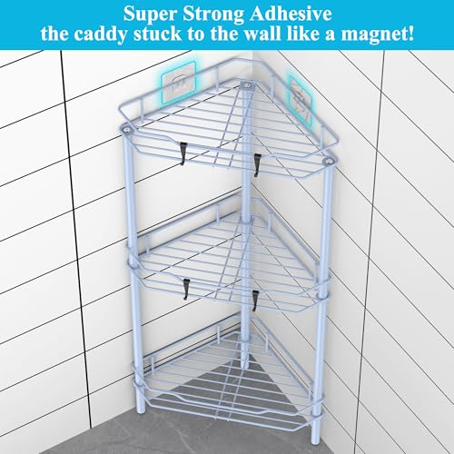HuggieGems 3 Tier Floor Standing Corner Shower Caddy Organizer Shelf with Hooks, Bathroom Shelves Stand Rack, Blue - color: Blue, size: 3 Tier