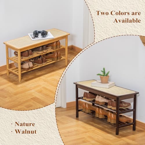 Bamboo Entryway Bench with Woven Rattan Seat, 2-Tier Shoe Storage Bench for Hallway & Entryway 23.62 inches Nature - color: Nature, size: 23.6 inch